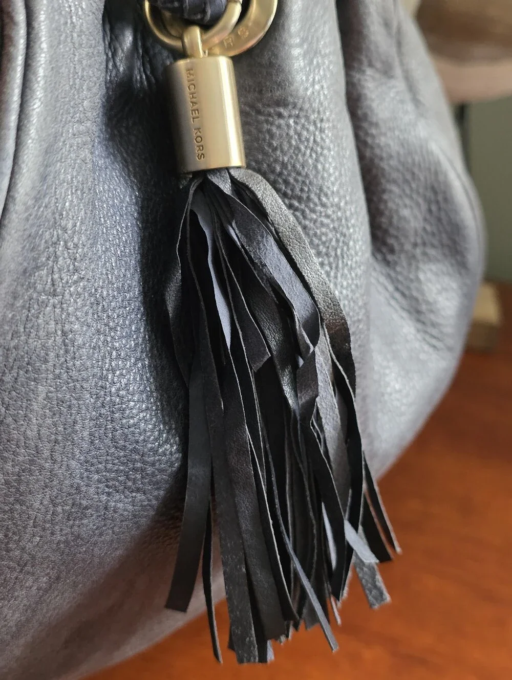 Michael Kors Braided Handle Hobo Bag Slate Blue Navy Pebbled Leather Tassel
